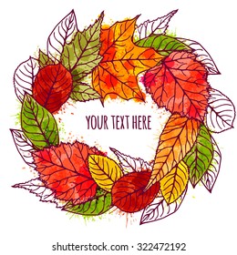 Template greeting card or invitation. Wreath. Foliage. Template frame for text or photo.