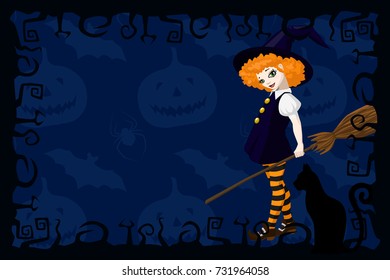 Template for greeting card, invitations to Halloween. Decorative frame with place for text, little cute red haired witch with a broom. Black Cat Silhouette, Jack-O-Lantern pumpkin, bat and spiders.