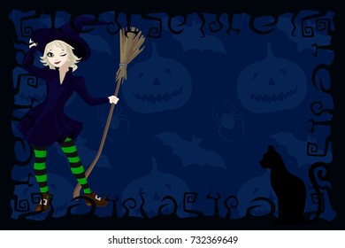 Template greeting card, invitations to Halloween. Decorative frame with place for text, little cute winking blonde witch with a broom. Black Cat Silhouette, Jack-O-Lantern pumpkin, bat and spiders.