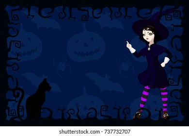 Template greeting card, invitations to Halloween. Decorative frame with place for text, little cute brunette witch. Black Cat Silhouette, Jack-O-Lantern pumpkin, bat and spiders.