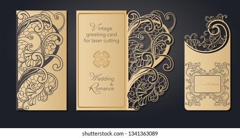 Template greeting card for laser cutting. Openwork cut from paper, cardboard for wedding, Easter, birthday. Spring pattern for a gift, romantic party.