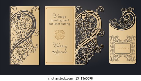 Template greeting card for laser cutting. Openwork cut from paper, cardboard for wedding, Easter, birthday. Spring pattern for a gift, romantic party.