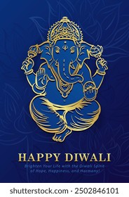 Template of greeting card with Lord Ganesha in gold outline on blue background with lotus flower and text - Happy Diwali. Indian holiday invitation poster for Festival of Lights (Deepavali, Dipavali)