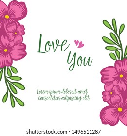 Template of greeting card love you, with cute elegant pink wreath frame. Vector