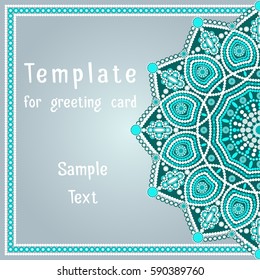 Template for greeting card with mandala. Dot painting.