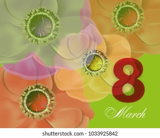 Template Greeting card March 8 International Women's Day. Background with flowers. Vector Illustration.