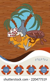 Template for greeting card, menu or flyer. Pirate theme. Illustration of the island, palm trees, boat, pirate flag, rum, mug, anchor and lifeline.