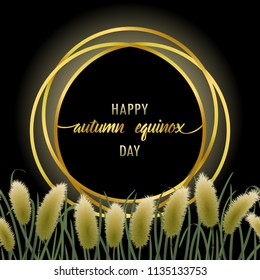 Template of greeting card with miscanthus in watercolor style and gold round frame. Square mock up, template for greeting, birthday cards, invites, covers and posters with text place.