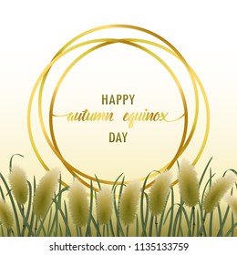 Template of greeting card with miscanthus in watercolor style and gold round frame. Square mock up, template for greeting, birthday cards, invites, covers and posters with text place.