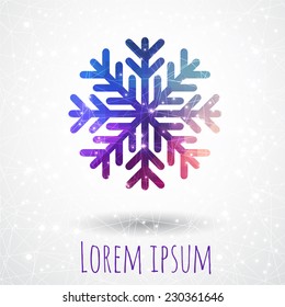 Template greeting card with multicolored snowflake, sparkles and lights with space geometric patterns constellations stars