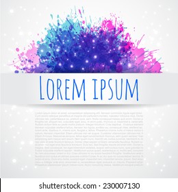 Template greeting card with multicolored splashes sparkles and lights with space geometric patterns constellations stars