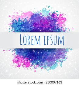 Template greeting card with multicolored splashes sparkles and lights with space geometric patterns constellations stars