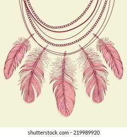 Template greeting card with a necklace made ??of feathers.