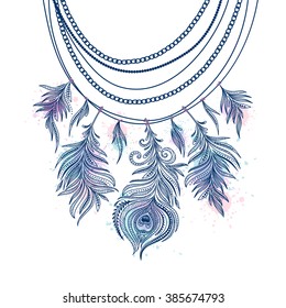 Template greeting card with a necklace. Peacock feather