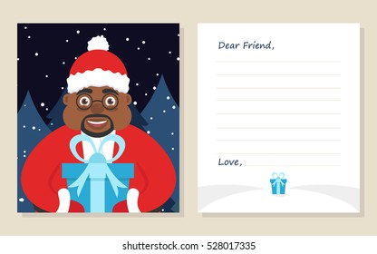 Template greeting card New year's or Merry Christmas letter to Dear Friend . Cute african american santa in glasses with gift. Vector illustration. Modern flat design.