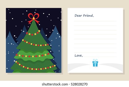 Template greeting card New year's or Merry Christmas letter to Dear Friend . Cute pine tree with gift. Vector illustration. Modern flat design.