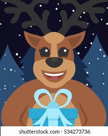 Template greeting card New year's or Merry Christmas. Cute deer with gift. Flat design.Vector illustration.