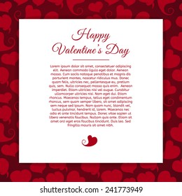 Template greeting card on red background with hearts. Good for Valentine's Day. Place for your text. Vector
