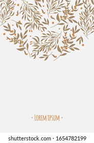Template of greeting card with orange berries and leaves. Autumn forest. Floral design. Template with copy space for wedding invitation, greeting card and print. Flat. Vector hand drawn illustration. 