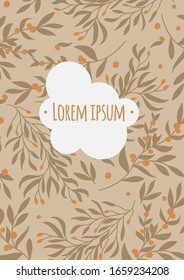 Template of greeting card with orange berries, leaves, speech bubble. Autumn. Floral design. Template with copy space for invitation, greeting card and print. Flat. Vector hand drawn illustration