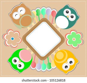 Template greeting card with owls and flowers, scrap vector illustration