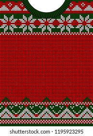 Template for greeting card or party invitation in an ugly sweater. The concept of Christmas and the new year. knitted scandinavian pattern. flat vector illustration
