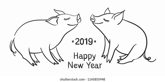 Template for greeting card. The pig is a symbol of the New Year of 2019. Black and white linear vector illustration.