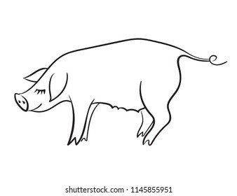 Template for greeting card. The pig is a symbol of the New Year of 2019. Black and white linear vector illustration.