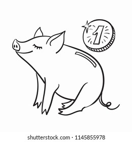 Template for greeting card. The pig is a symbol of the New Year of 2019. Black and white linear vector illustration. piggy bank