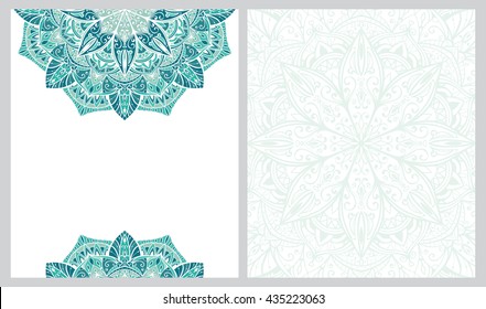 Template for greeting card with place for your text. Invitation 
double-sided card with mandala. Icy turquoise pattern.