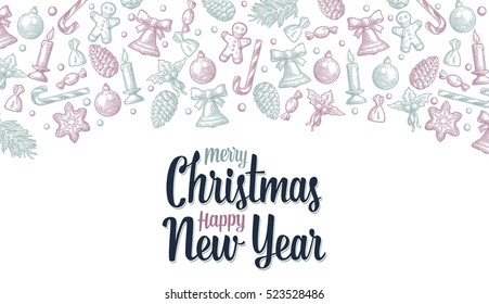 Template for greeting card and poster. Merry Christmas Happy New Year lettering. Gingerbread man, cone, candy, mistletoe, candle, branch, bell, star, toy. Vector vintage color engraving illustration