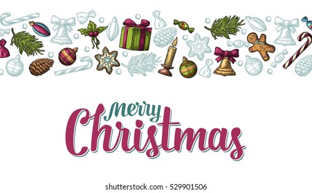 Template for greeting card and poster. Merry Christmas Happy New Year lettering. Gingerbread man, cone, candy, mistletoe, candle, branch, bell, star, toy. Vector vintage color engraving illustration.