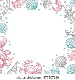 Template for greeting card and poster. Sea shell, coral, crab, octopus and shrimp. Vector color engraving vintage illustrations. Isolated on white background