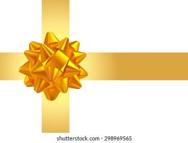 Template greeting card with realistic golden bow on yellow  intersecting stripes.
