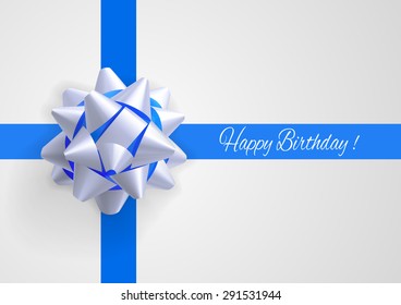 Template greeting card with realistic white and blue bow on blue intersecting stripes with birthday greetings.
