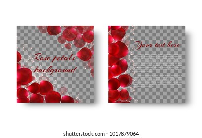 Template greeting card with red rose petals and bright sparkles on a transparent background.