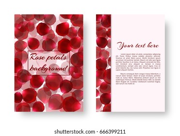 Template greeting card with red rose petals for romantic greetings. Vector design with floral ornaments.