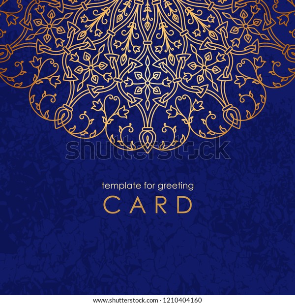 Template Greeting Card Round Gold Mandala On Blue Vector Image