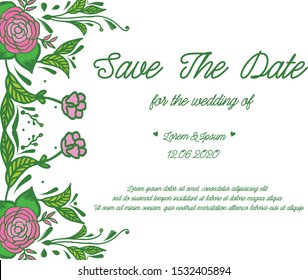 Template of greeting card save the date, with artwork of green leaves frame and pink rose flower. Vector