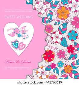 Template greeting card. Save the date, made of flowers ,herbs, leaves Doodle
