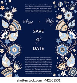 Template greeting card. Save the date, made of flowers ,herbs, leaves Doodle
