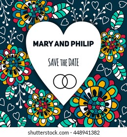 Template greeting card. Save the date, made of flowers ,herbs, leaves Doodle