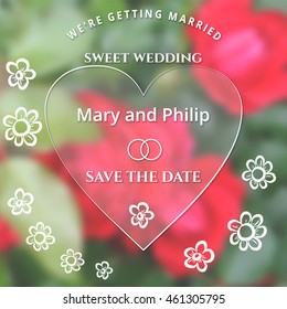 Template greeting card. Save the date, made of flowers ,herbs, leaves , blurred background