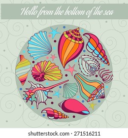 Template greeting card with sea-themed, multi-colored seashells on a background of a stylized image of water