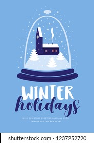 Template greeting card with snow-covered house and Christmas trees under glass dome on blue background. Decorative holiday composition for New Year and Christmas. Vector seasonal illustration.