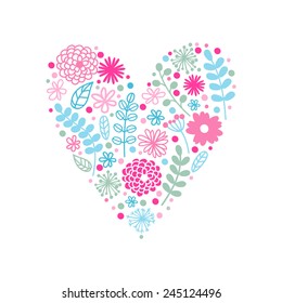 Template greeting card with spring flowers and hearts. Picture in doodle style.