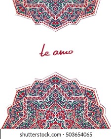 Template for greeting card with text in Spanish "I love you". Invitation card with mandala. 