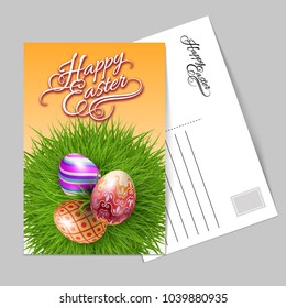 Template Greeting Card with Three Brightly Colored Easter Eggs on a Round Patch of Green Grass Over Gray Background to Celebrate the Festive Season