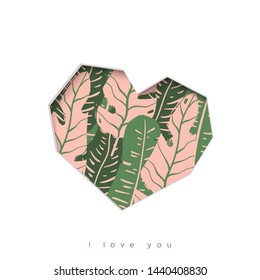 Template for greeting card in a tropical style. Heart with leaves on white background