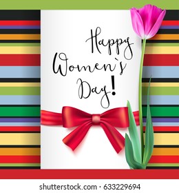 Template greeting card with Tulip and red bow. Happy women s day, congratulations for nice and lovely people. Realistic Tulip flower on a geometric background.